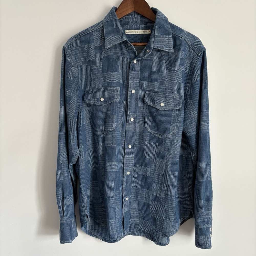 Shades of Grey Micah Cohen Mens Boro Patchwork Western Shirt Size M Pearl Snap